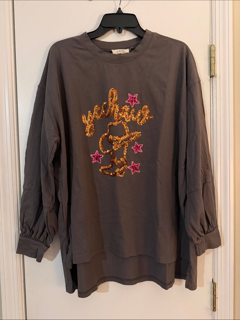 Fantastic Fawn Charcoal Long Sleeve Sequin Graphic Tee with Gold & Pink